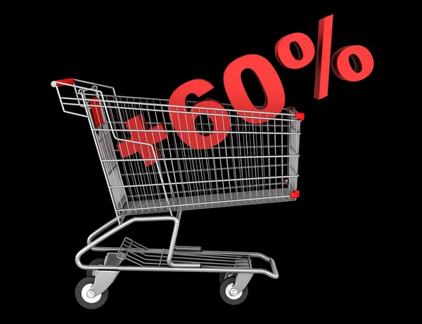 Shopping cart with plus 60 percent sign isolated on black backgr — Stock Photo, Image