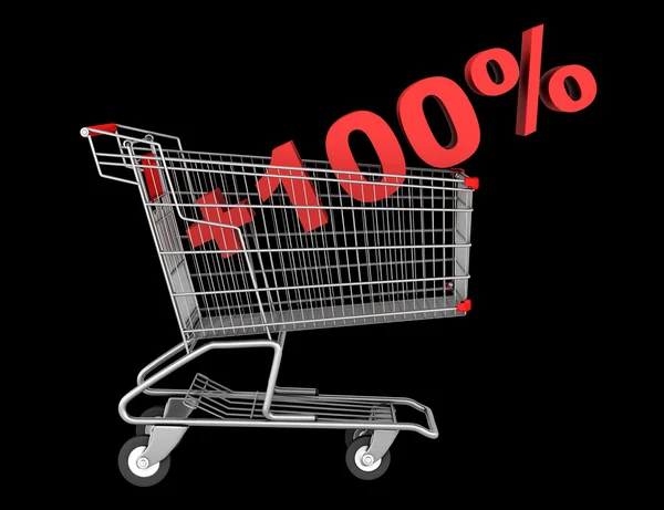 Shopping cart with plus 100 percent sign isolated on black backg — Stock Photo, Image