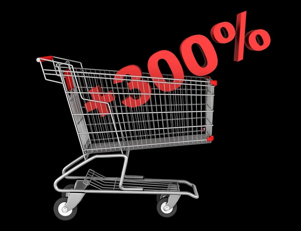 Shopping cart with plus 300 percent sign isolated on black backg — Stock Photo, Image