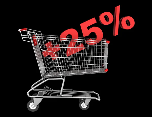Carrinho de compras com sinal de mais 25 por cento isolado no backgr preto — Fotografia de Stock