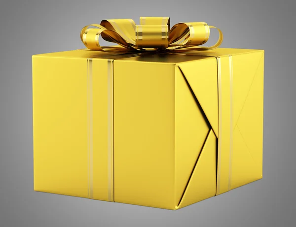 Gelbe Geschenkbox mit goldenem Band isoliert auf grauem Hintergrund — Stockfoto