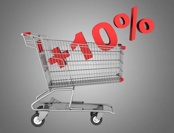 Shopping cart with plus 10 percent sign isolated on gray backgro — Stock Photo, Image