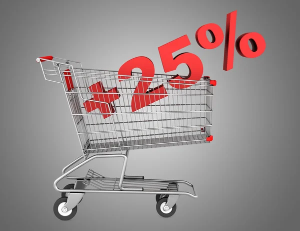 Shopping cart with plus 25 percent sign isolated on gray backgro — Φωτογραφία Αρχείου