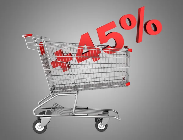 Shopping cart with plus 45 percent sign isolated on gray backgro — Stock Photo, Image