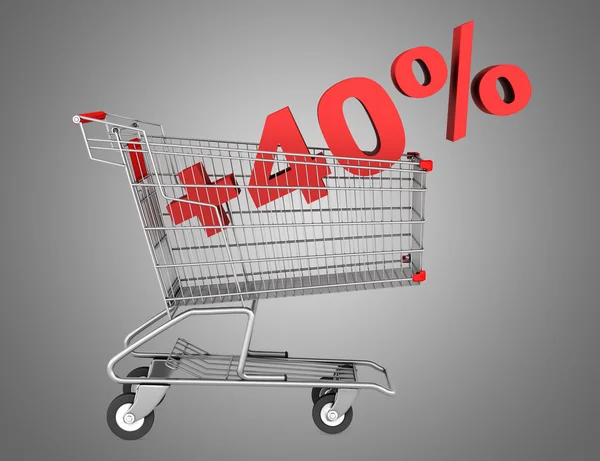 Shopping cart with plus 40 percent sign isolated on gray backgro — Stock Photo, Image