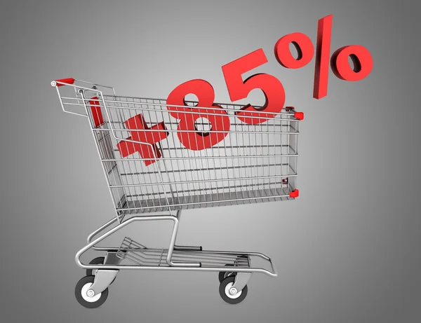Carrinho de compras com sinal de mais 85 por cento isolado no backgro cinza — Fotografia de Stock
