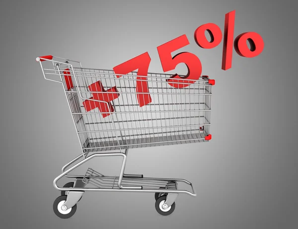 Shopping cart with plus 75 percent sign isolated on gray backgro — Stock Photo, Image
