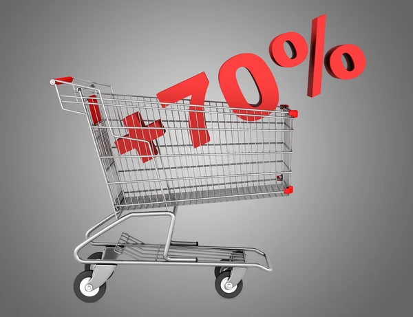 Shopping cart with plus 70 percent sign isolated on gray backgro — Stock Photo, Image