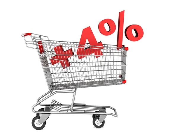 Shopping cart with plus 4 percent sign isolated on white backgro — Stock Photo, Image