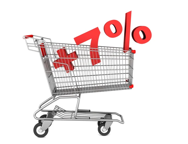 Shopping cart with plus 7 percent sign isolated on white backgro — Stock Photo, Image