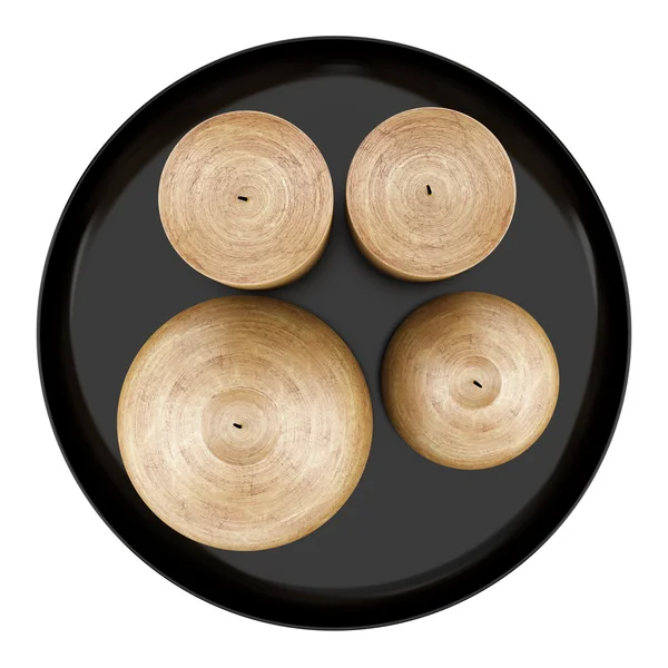 Bovenaanzicht van vier bruin kaarsen op schotel geïsoleerd op witte backgro — Stockfoto
