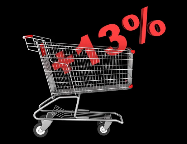Shopping cart with plus 13 percent sign isolated on black backgr — Stock Photo, Image