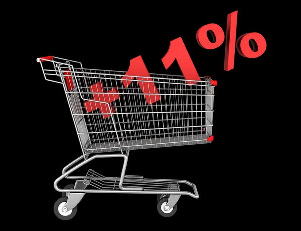 Shopping cart with plus 11 percent sign isolated on black backgr — Stock Photo, Image