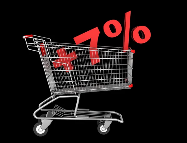 Shopping cart with plus 7 percent sign isolated on black backgro — Stock Photo, Image