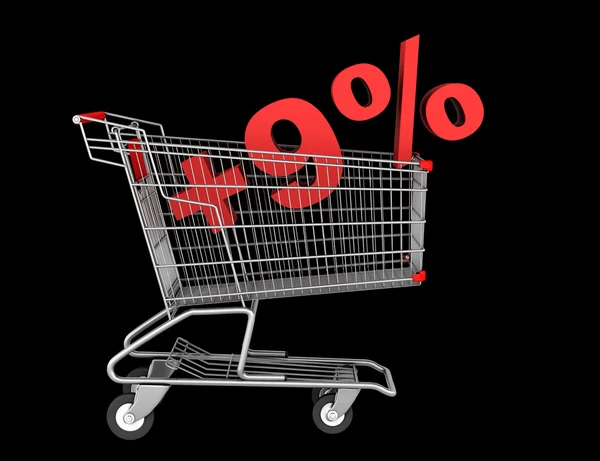 Shopping cart with plus 9 percent sign isolated on black backgro — Stock Photo, Image