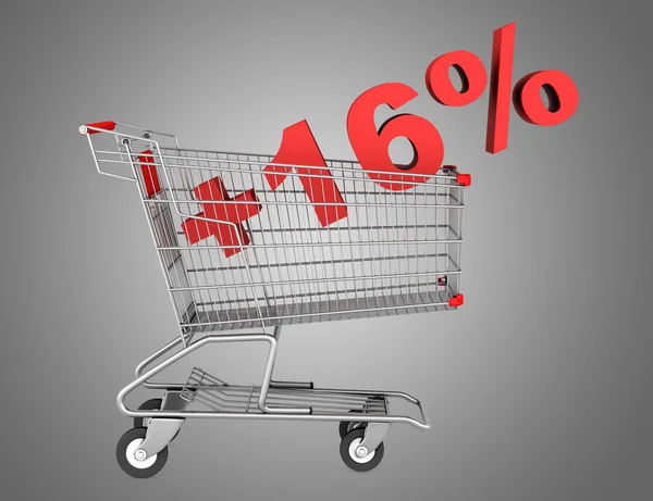 Shopping cart with plus 16 percent sign isolated on gray backgro — Stock Photo, Image