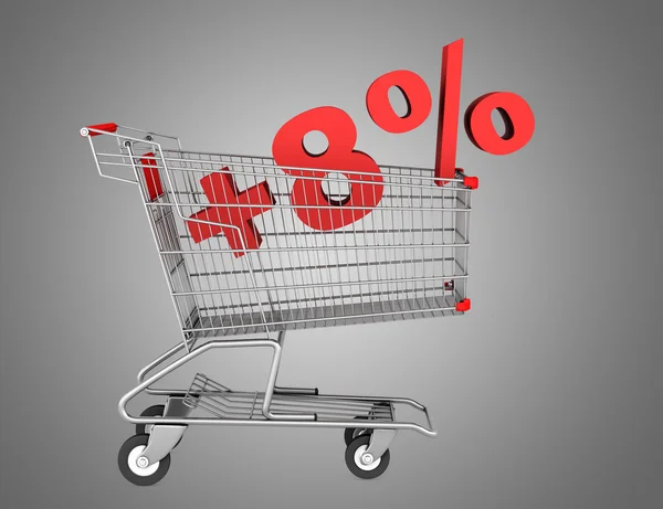 Shopping cart with plus 8 percent sign isolated on gray backgrou — Stock Photo, Image