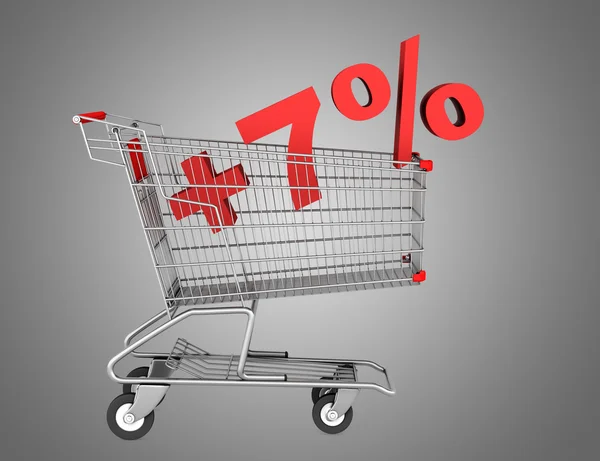 Shopping cart with plus 7 percent sign isolated on gray backgrou — Stock Photo, Image
