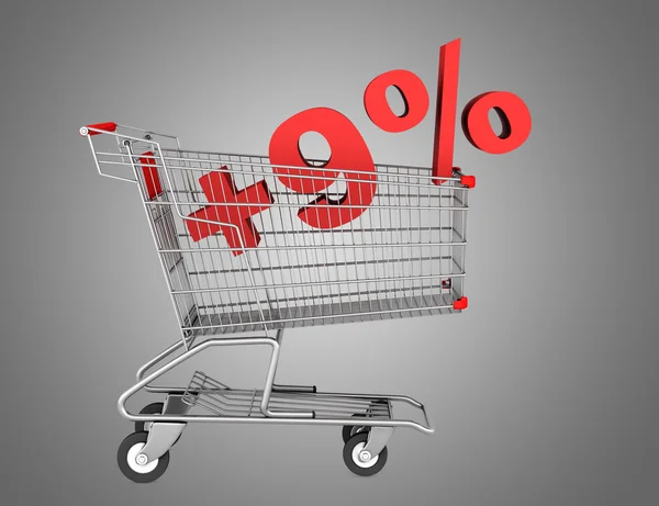 Shopping cart with plus 9 percent sign isolated on gray backgrou — Stock Photo, Image