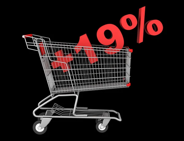 Shopping cart with plus 19 percent sign isolated on black backgr — Stock Photo, Image