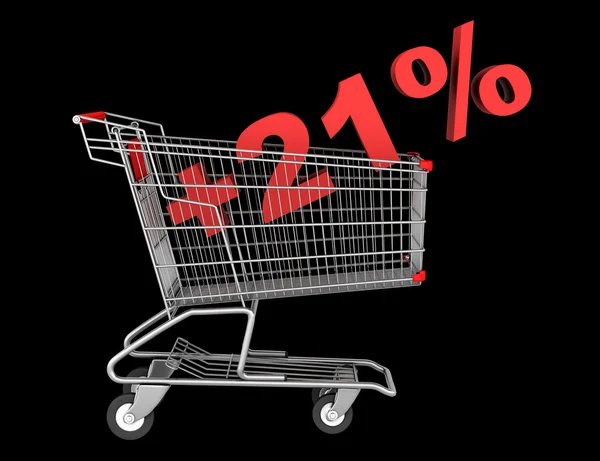 Shopping cart with plus 21 percent sign isolated on black backgr — Stock Photo, Image