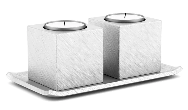 Dois castiçais metálicos com velas isoladas em backgro branco — Fotografia de Stock