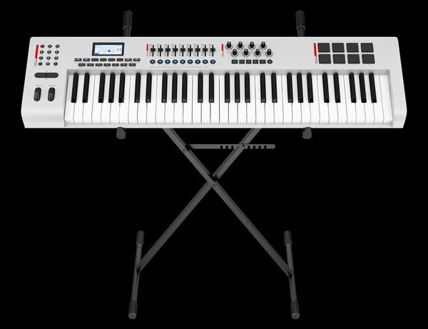 Grijze synthesizer op stand geïsoleerd op zwarte achtergrond — Stockfoto