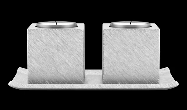 Due candelabri metallici con candele isolate sul retro nero — Foto Stock