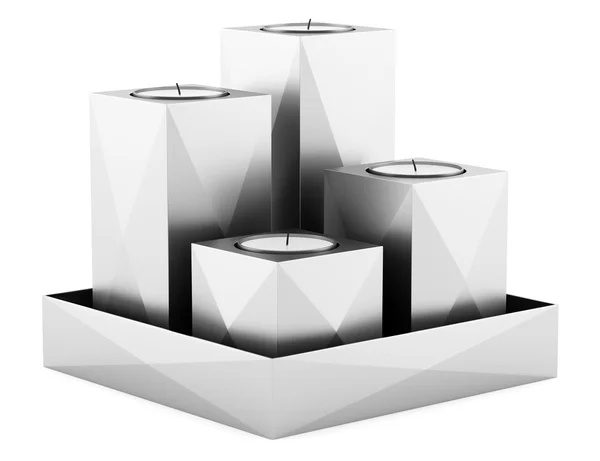 Τέσσερα μεταλλικά κηροπήγια με κεριά που απομονώνονται σε λευκό έκφραση — Φωτογραφία Αρχείου