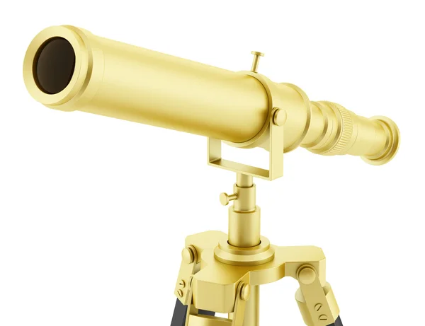 Beyaz arka plan üzerinde izole tripod üzerinde altın teleskop — Stok fotoğraf