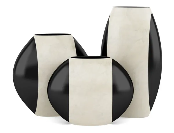Três vasos de cerâmica preta e bege isolados sobre fundo branco — Fotografia de Stock