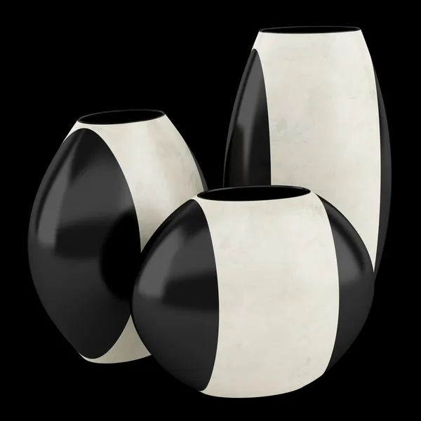 Three black and beige ceramic vases isolated on black background — Stock Photo, Image