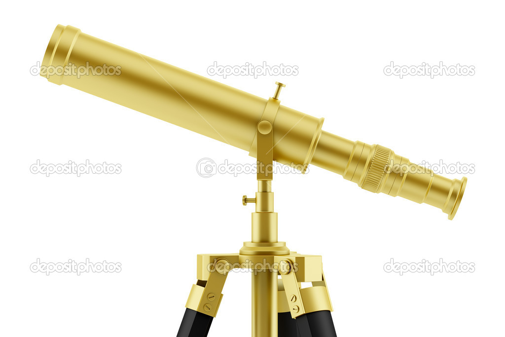 golden telescope on tripod isolated on white background