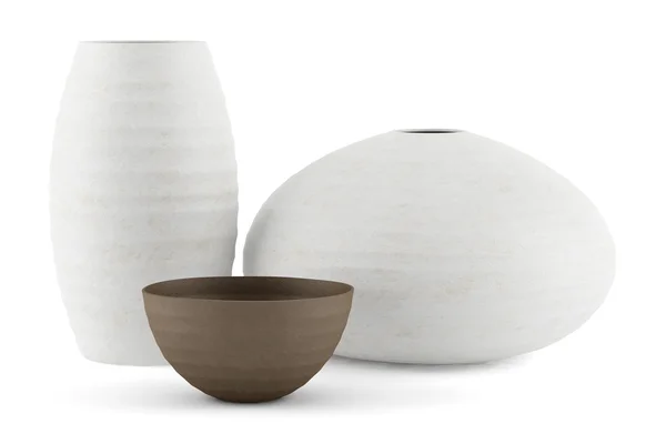 Tre vasi in ceramica bianca e marrone isolati su fondo bianco — Foto Stock
