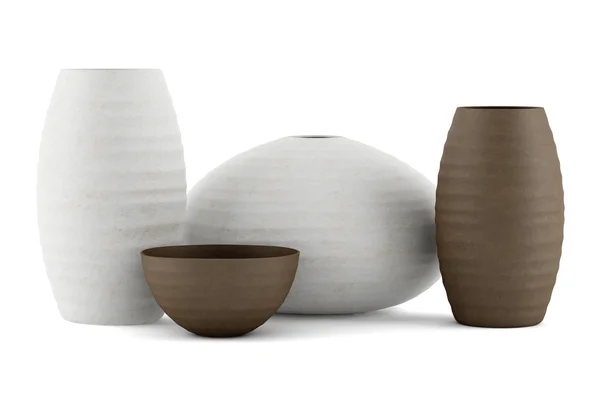 Quatro vasos cerâmicos castanhos e brancos isolados sobre fundo branco — Fotografia de Stock