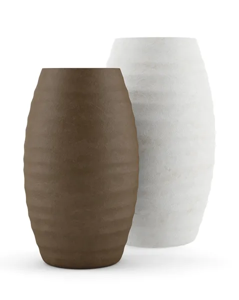 Dois vasos cerâmicos castanhos e brancos isolados sobre fundo branco — Fotografia de Stock