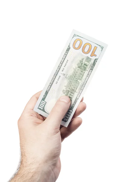 Mužské ruce drží 100 dolarů izolovaných na bílém pozadí — Stock fotografie