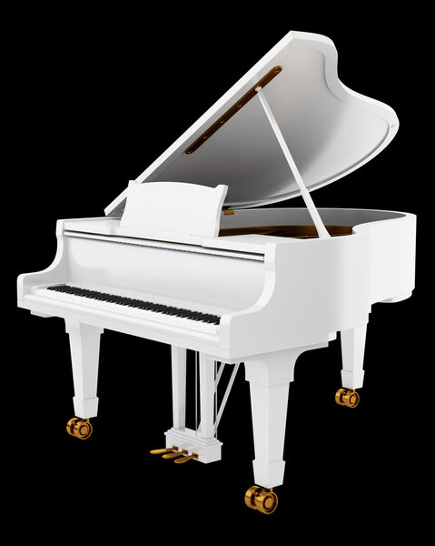 white grand piano isolated on black background