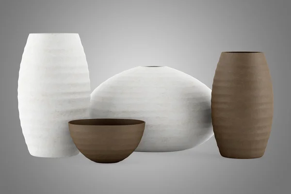 Quatro vasos de cerâmica marrom e branco isolados sobre fundo cinza — Fotografia de Stock