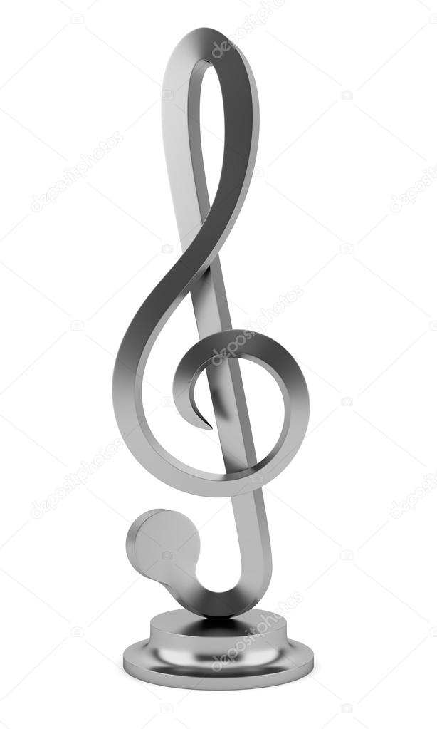 metallic treble clef statuette isolated on white background