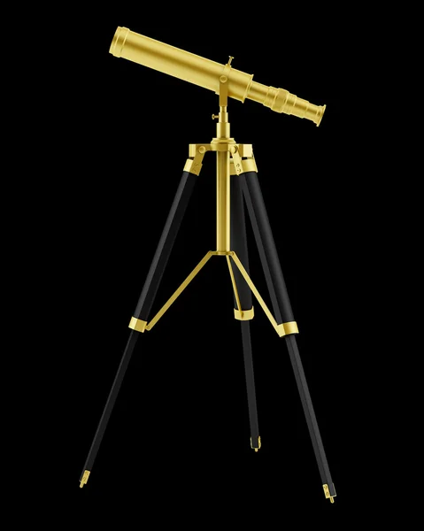 Telescopio dorado sobre trípode aislado sobre fondo negro —  Fotos de Stock