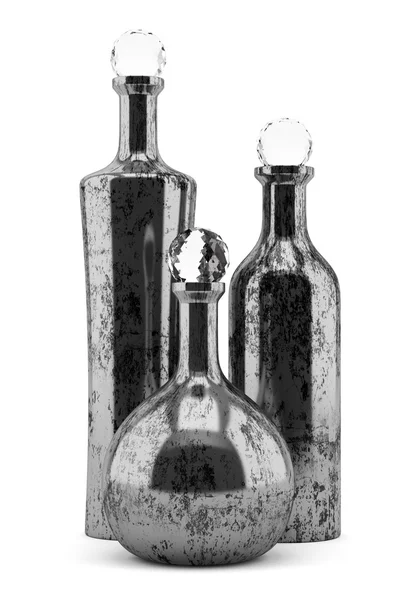 Tre bottiglie metalliche isolate su fondo bianco — Foto Stock