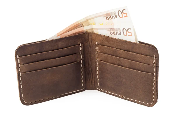 Dompet kulit coklat dengan uang yang terisolasi di latar belakang putih — Stok Foto