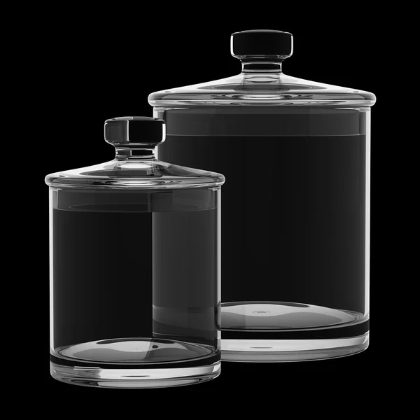 Dois frascos de vidro vazios isolados em fundo preto — Fotografia de Stock