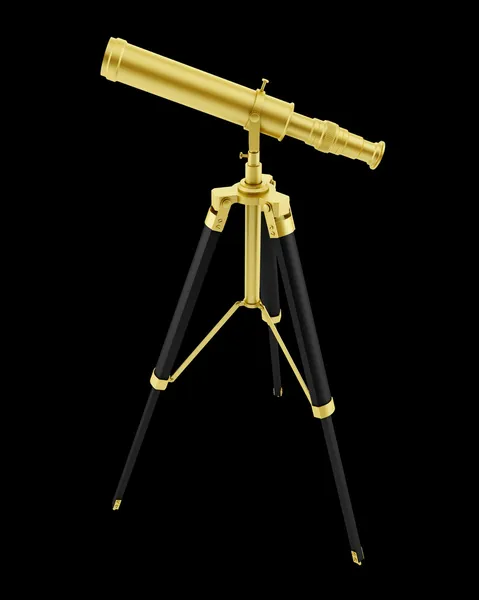 Zlatá dalekohled na stativu izolovaných na černém pozadí — Stock fotografie