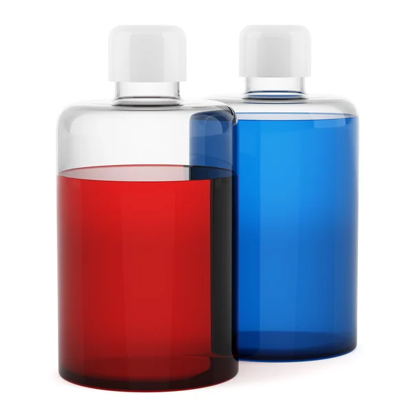 Dvě průhledné prázdné láhve s šampon izolovaných na bílém bac — Stock fotografie