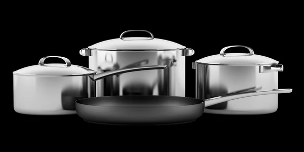 Чотири сковороди для приготування їжі ізольовані на чорному фоні — стокове фото
