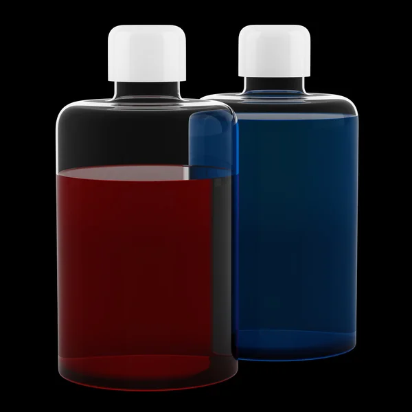 Dvě průhledné prázdné láhve s šampon izolovaných na černém bac — Stock fotografie