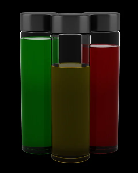 Tre bottiglie di shampoo trasparenti isolate su sfondo nero — Foto Stock