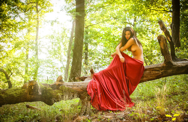 Graceful nude female folded in red silk shawl outdoors